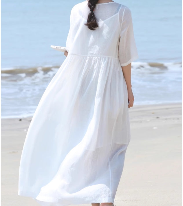 Summer White Women's Linen Loose Prom Dress/9988 – SimpleLinenLife