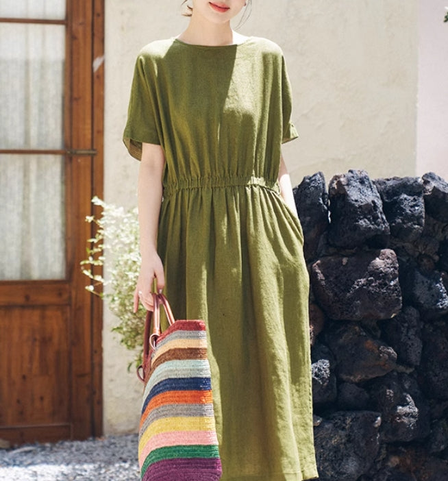 Army Green Summer Women's Linen Dress/9986, M / White Army Green Summer Women's Linen Dress/9986, M / White