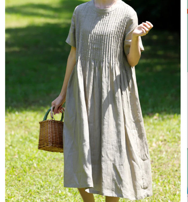 Pleated Linen Dresses, Summer long Women Dresses ,Maxi Dress 9086, XS / khaki Pleated Linen Dresses, Summer long Women Dresses ,Maxi Dress 9086, XS / khaki