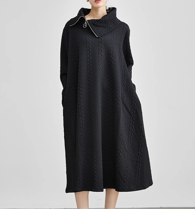 Winter Spring Zipper Collar Loose Dresses Casual Women Dresses 9721 SimpleLinenLife Winter Spring Zipper Collar Loose Dresses Casual Women Dresses 9721 SimpleLinenLife
