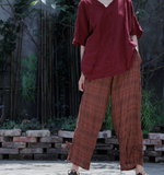 Red Checked Spring Linen Wide Leg Women Casual Pants Elastic Waist WG05131