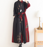Red Loose Fall Floral Women Coat Long Sleeve Women Linen Trench Coat S90921