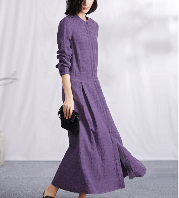 Purple Jacquard Autumn linen Women Dresses Casual Women Dress SSM97215