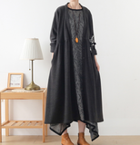 Gray V Neck Corduroy Buttons Dresses Loose Winter Autumn Dresses Casual Women Dresses ZRL97213