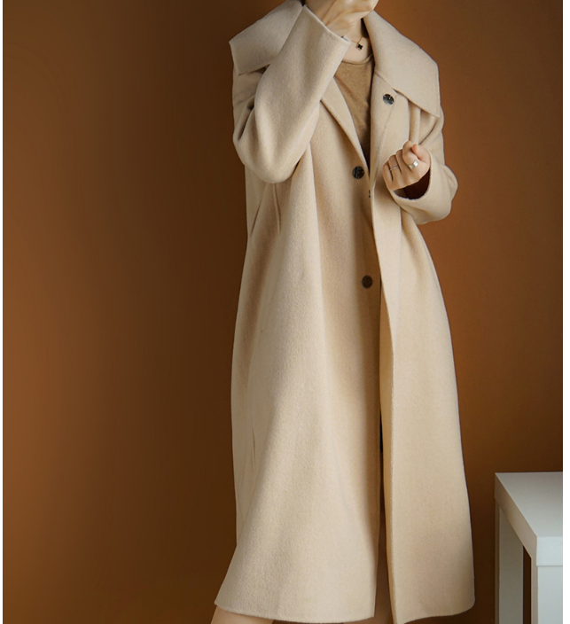 Label Collar Wool Coat Jacket Double Face Long Warm Women Wool