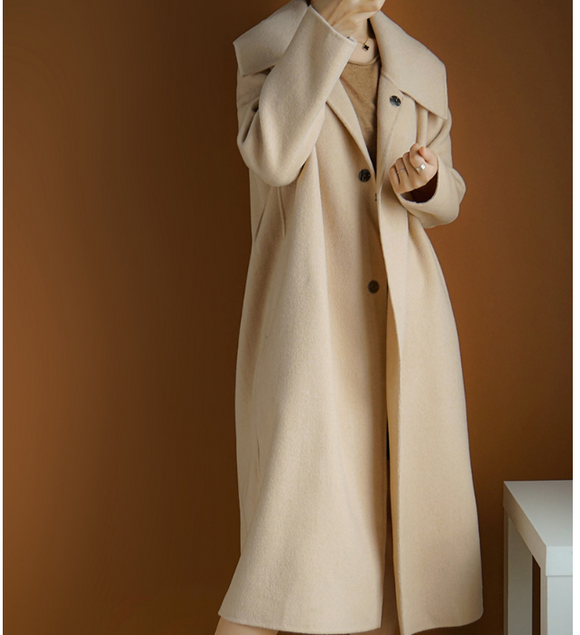 Label Collar Wool Coat Jacket Double Face Long Warm Women Wool Coat 1001