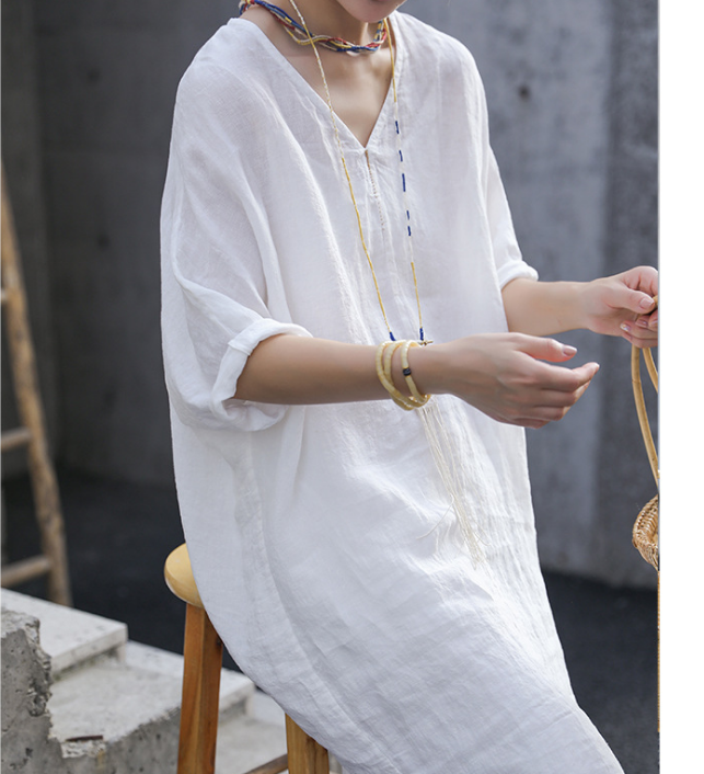 Slit White Linen Summer Women Dresses Short Sleeve Long Loose Women Dr –  SimpleLinenLife