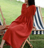 Loose Style Linen Dresses,Summer long Women Dresses Short Sleeve 90423