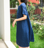 Simple Linen Dresses Summer Mid-length Women Dresses Short Sleeve 9023