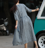 Checked Loose Style Linen Dresses Summer long Women Dresses Short Sleeve 90223