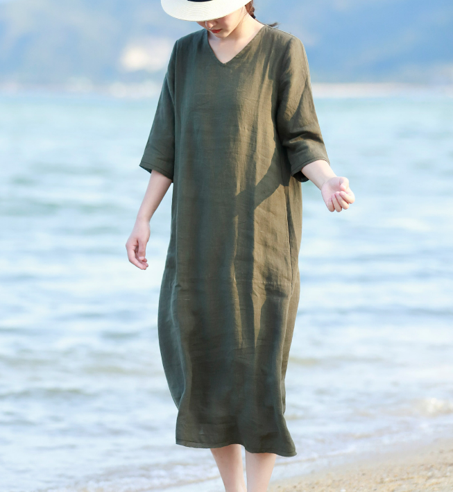V Neck Soft Linen Dresses Summer long Washed Women Linen Dress 9221, 3XL / blue V Neck Soft Linen Dresses Summer long Washed Women Linen Dress 9221, 3XL / blue