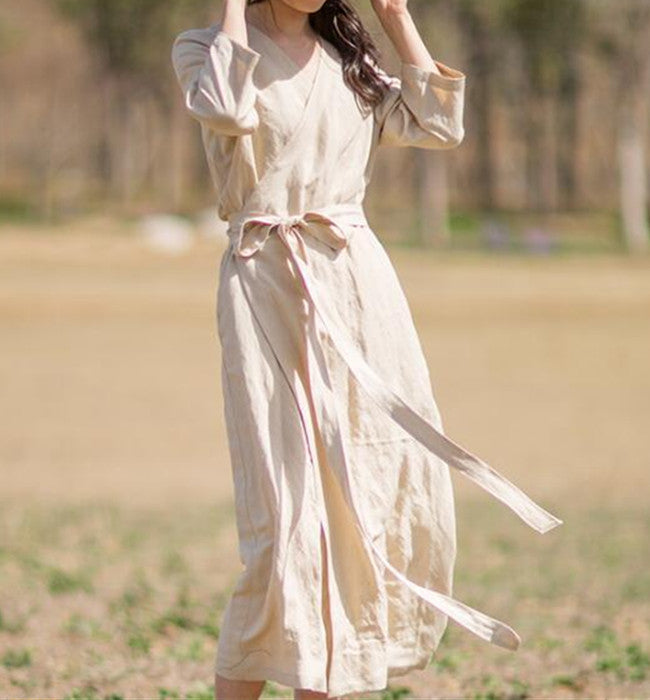 knee length dresses for ladies Khaki Linen Women Dresses Short Sleeves V Neck Waist Belt Summer Long  Dresses XH9507