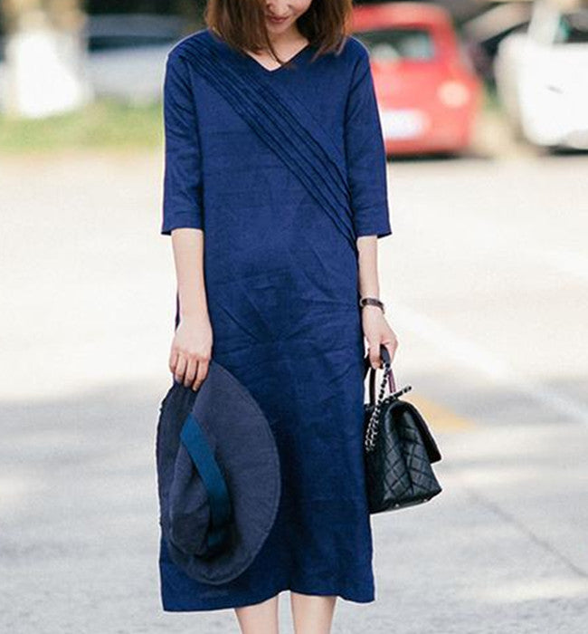 Navy Linen Summer Women Dresses Pleated V Neck Summer Women Shift Dresses 9623, XS / Navy blue