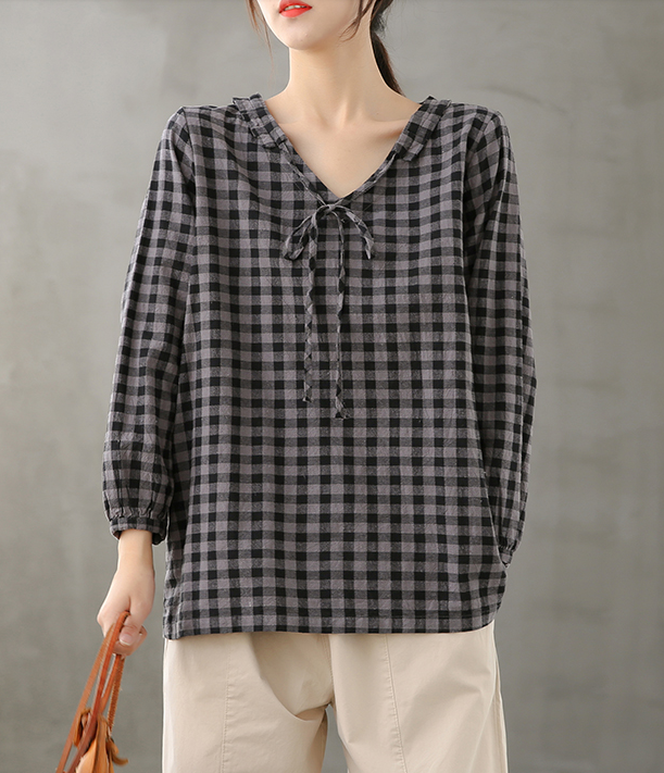 Plaid Women Casual Blouse Cotton Linen Shirts Tops DZA200851