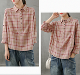 Plaid Women Casual Blouse Cotton Linen Shirts Tops DZA200862