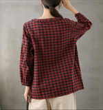 Plaid Women Casual Blouse Cotton Linen Shirts Tops DZA200851