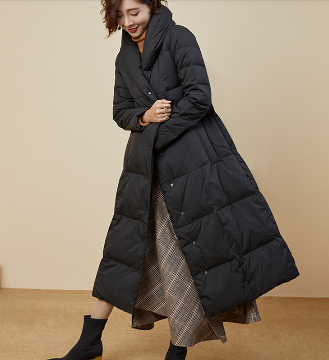 A Line Long Winter Puffer Coat Duck Down Jacket Large Collar Women
