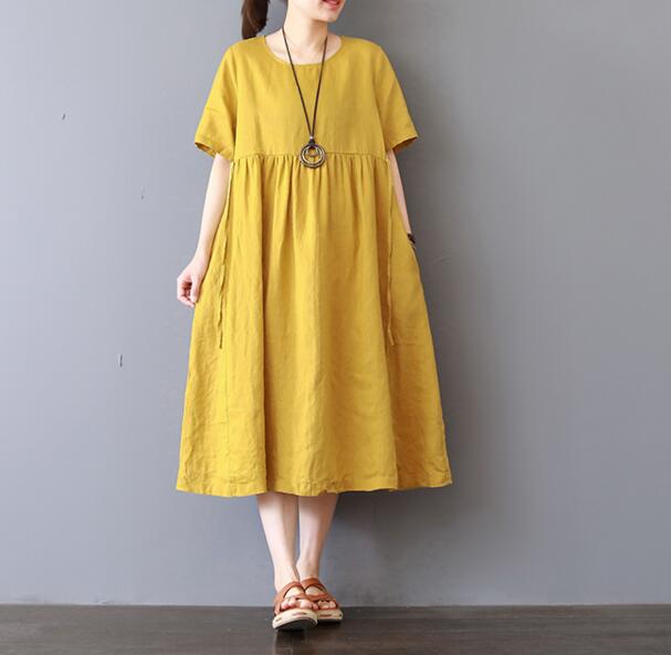 Loose Style Cotton Linen Dresses Women Long Dresses Short Sleeve Loose Style Cotton Linen Dresses Women Long Dresses Short Sleeve