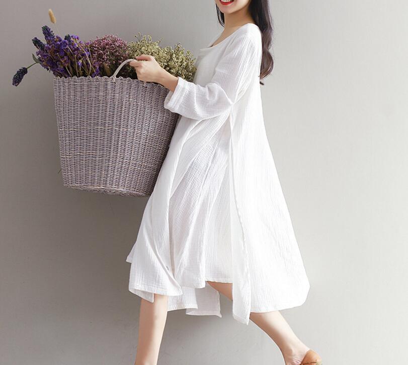 wrinkled linen dress Wrinkled Linen Loose Long Buttons Dresses Plus Size AMT962328