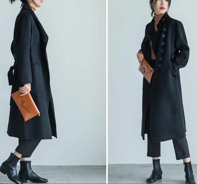 Stand Collar Black Women Cashmere Coat Winter Black Long Wool