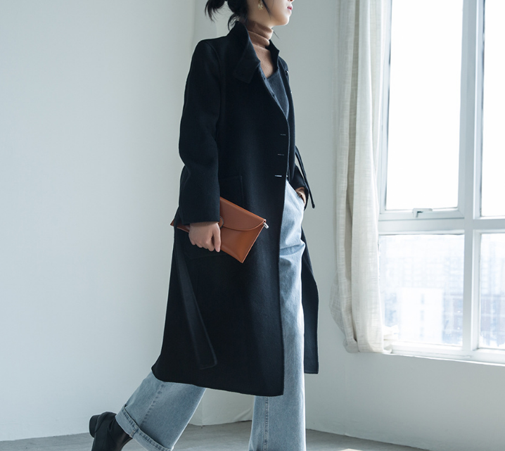 Stand Collar Black Women Cashmere Coat Winter Black Long Wool
