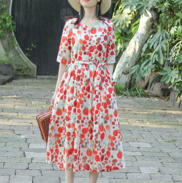 Red Floral Dotted Loose Long Summer Linen Cotton O Neck Spring Dresses –  SimpleLinenLife