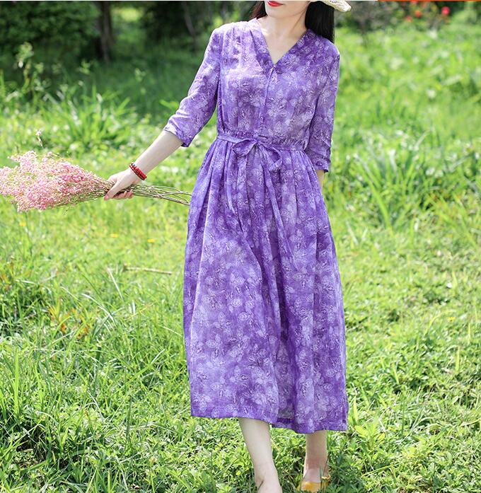 fitted lace wedding dress Purple Floral Women Dresses Casual Spring Linen Women Summer Dresses H –  SimpleLinenLife