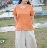 V Neck Orange Linen Blouse Simple Style Shirts Summer Tops  SMM9508