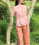 Pink Orange Linen Blouse Simple Style Shirts Summer Tops SMM9508