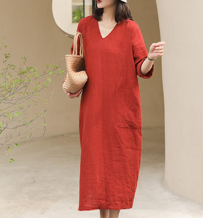 V Neck Summer Women Linen Dresses Washed Soft Linen Summer Dresses 729 –  SimpleLinenLife