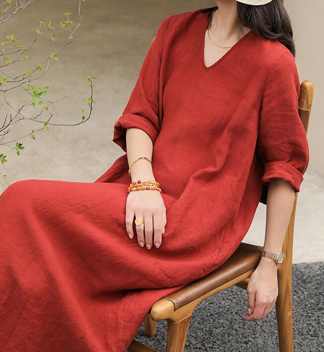 V Neck Summer Women Linen Dresses Washed Soft Linen Summer Dresses 729 –  SimpleLinenLife