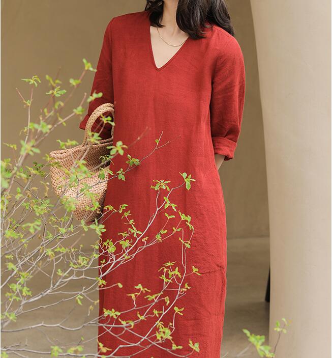 V Neck Summer Women Linen Dresses Washed Soft Linen Summer Dresses 729 –  SimpleLinenLife