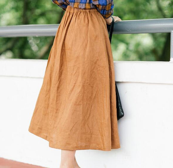 Caramel-Women's-Skirts-Summer-Linen-Skirt-Elastic-Waist 