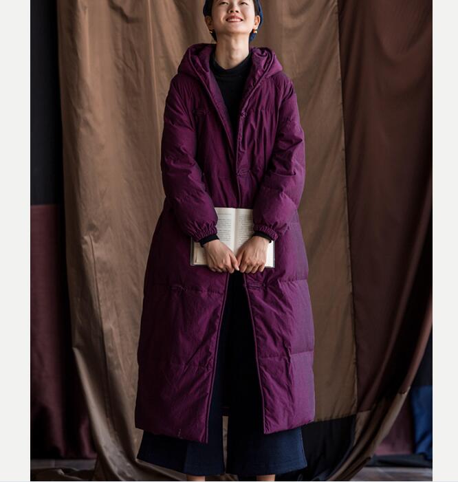 Purple Long Chinese Buttons Hooded Down Jacket Women Down Coats