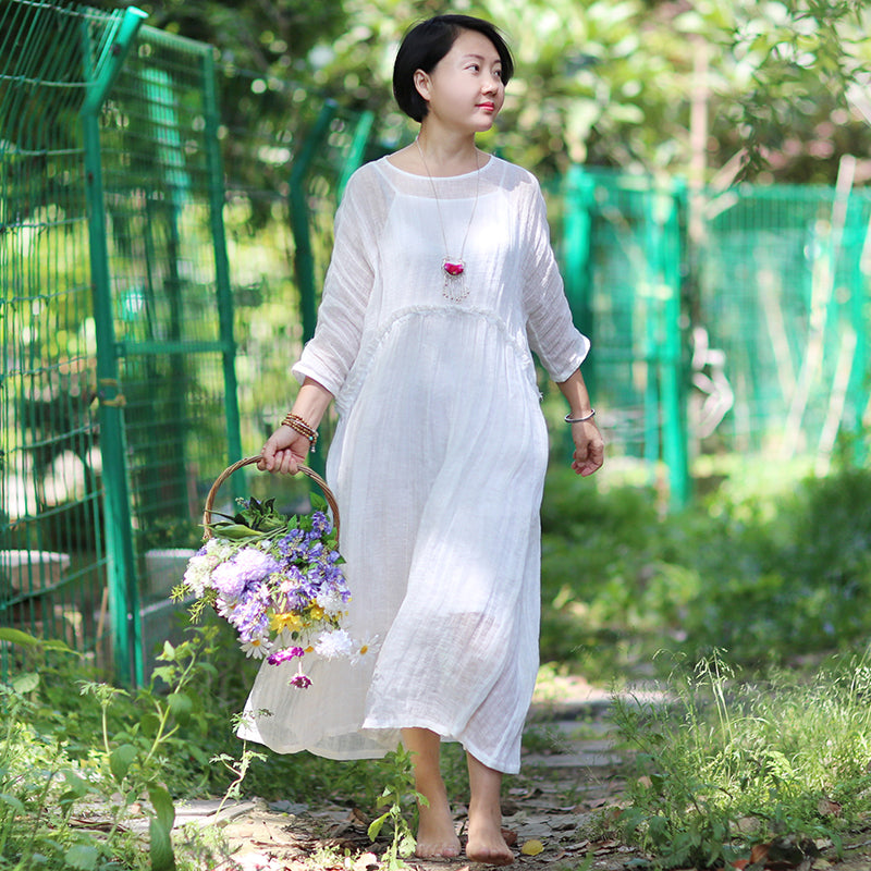White Women Dresses Loose Fitting Spring Summer Women Dresses WC961835 –  SimpleLinenLife
