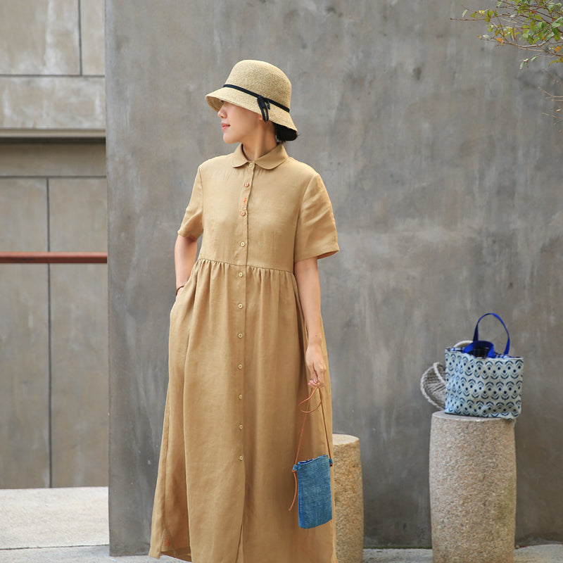 Khaki Linen Casual Summer Dresses Buttons Shirt Dress Maxi Women Dress SimpleLinenLife Khaki Linen Casual Summer Dresses Buttons Shirt Dress Maxi Women Dress SimpleLinenLife