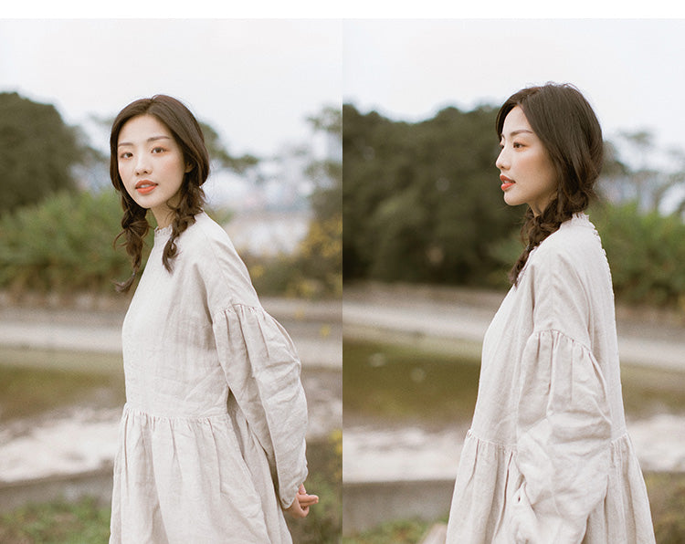 Puff linen Dress Summer Casual Midi Women Linen Dresses Pleated Dress