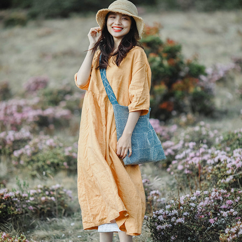 Yellow Linen Dress Summer Long Loose Women Linen Gown Dresses ZF98410 Yellow Linen Dress Summer Long Loose Women Linen Gown Dresses ZF98410