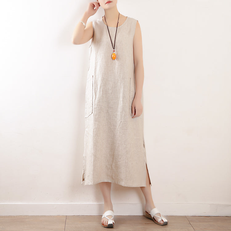 Khaki Sleeveless Slit Dress Summer linen Women Dresses AMT962325 –  SimpleLinenLife
