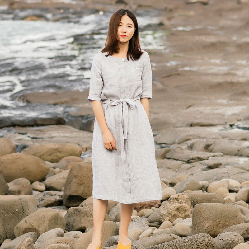 simply grey linen dress Grey Linen Women Dresses 3/4 Sleeves V Neck Spring Summer Women Dresse –  SimpleLinenLife