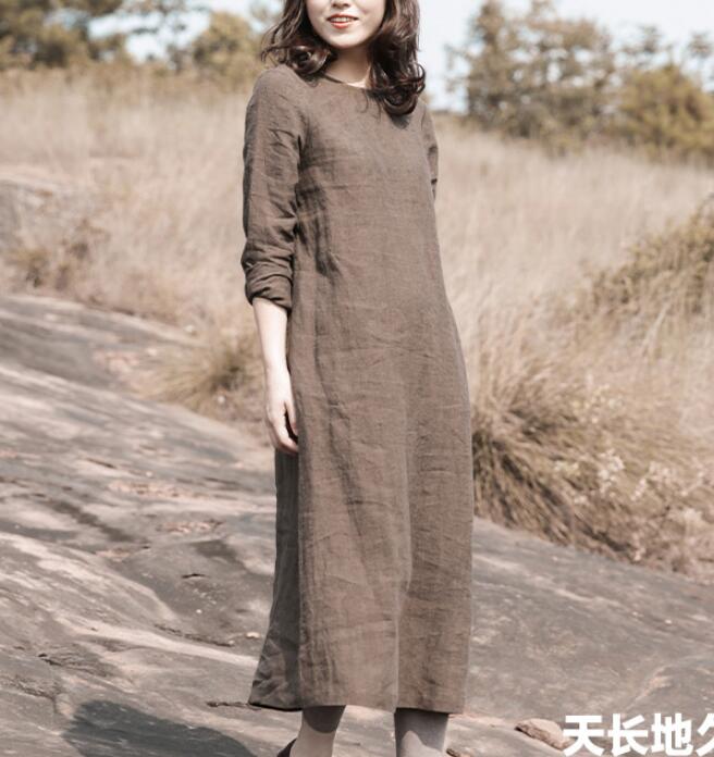 Khaki Linen Loose Long Sleeve Autumn Women Shift Linen Dresses S90921 SimpleLinenLife Khaki Linen Loose Long Sleeve Autumn Women Shift Linen Dresses S90921 SimpleLinenLife