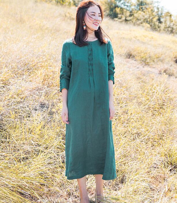 long sleeve maxi linen dress women Green Linen Long Sleeve Autumn Women Shift Linen Dresses S90922 –  SimpleLinenLife