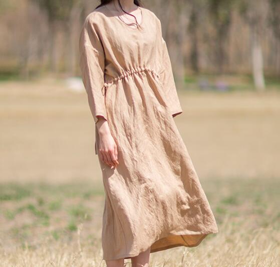 Khaki Women Summer Linen Dresses Long Sleeves Waist Belt Women Dresses – SimpleLinenLife Khaki Women Summer Linen Dresses Long Sleeves Waist Belt Women Dresses – SimpleLinenLife