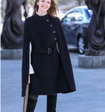 Winter Women Wool Cloak Waist Belt Wool Coat Jacket Buttons 36221