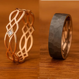 Celtic Knot His and Hers Wedding Ring Set | Rose Gold Silver Engagement Ring & Hammered Tungsten Men's Band