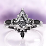 Black Rutilated Quartz Couple Ring Set,Engagement Ring for Women,Tungsten Wedding Band, Gothic Matching Promise Ring Set