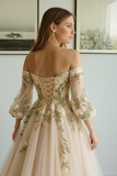 Flowy A-line Tulle Lace Wedding Dress, Bridal Party Dress Colorful Garden Wedding Gown with Off the Shoulder Puffy Sleeves and Dark Champagne Lining