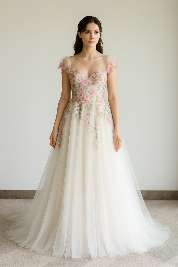 Boho Colorful 3D Lace Wedding Dress, Pink flower and Green Leaves Lace SimpleLinenLife Boho Colorful 3D Lace Wedding Dress, Pink flower and Green Leaves Lace SimpleLinenLife