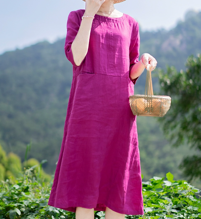 Mid Length Linen Dresses,Soft Women Dresses Half Sleeves Summer Dress – SimpleLinenLife