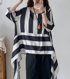 Summer Style Blouse, Striped Top Irregular T-shirt 2233